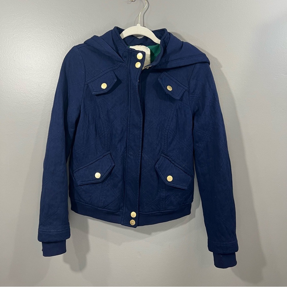 Allihop Quilted Bomber Jacket Women Size Medium Navy Blue Great Hooded Cotton